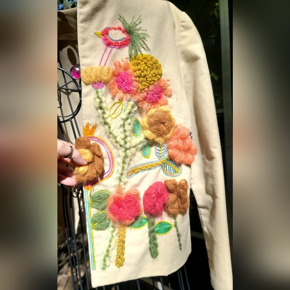 Vintage handmade floral embroidery tan/camel suit jacket lined szS/M - Picture 4 of 10